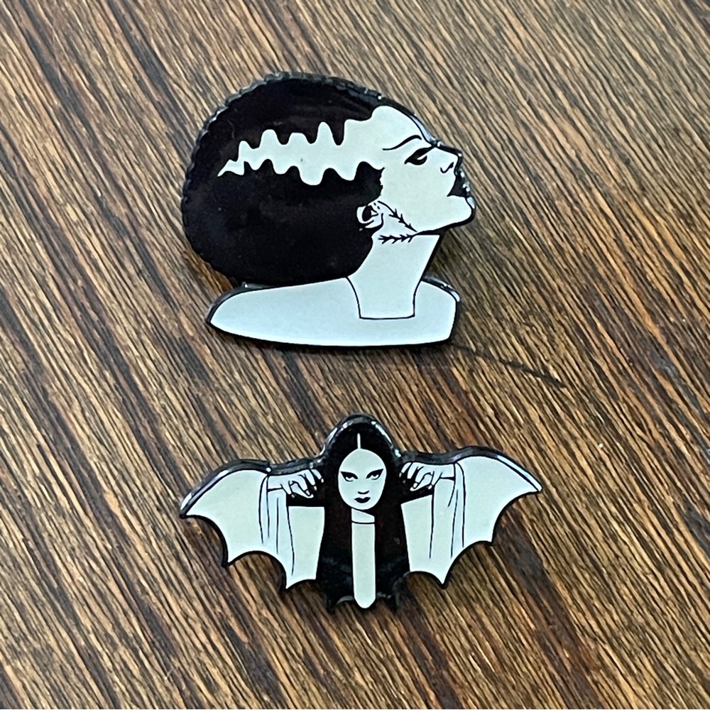 Lot of 2 Black and White Halloween enamel pins by Kate Gabrielle